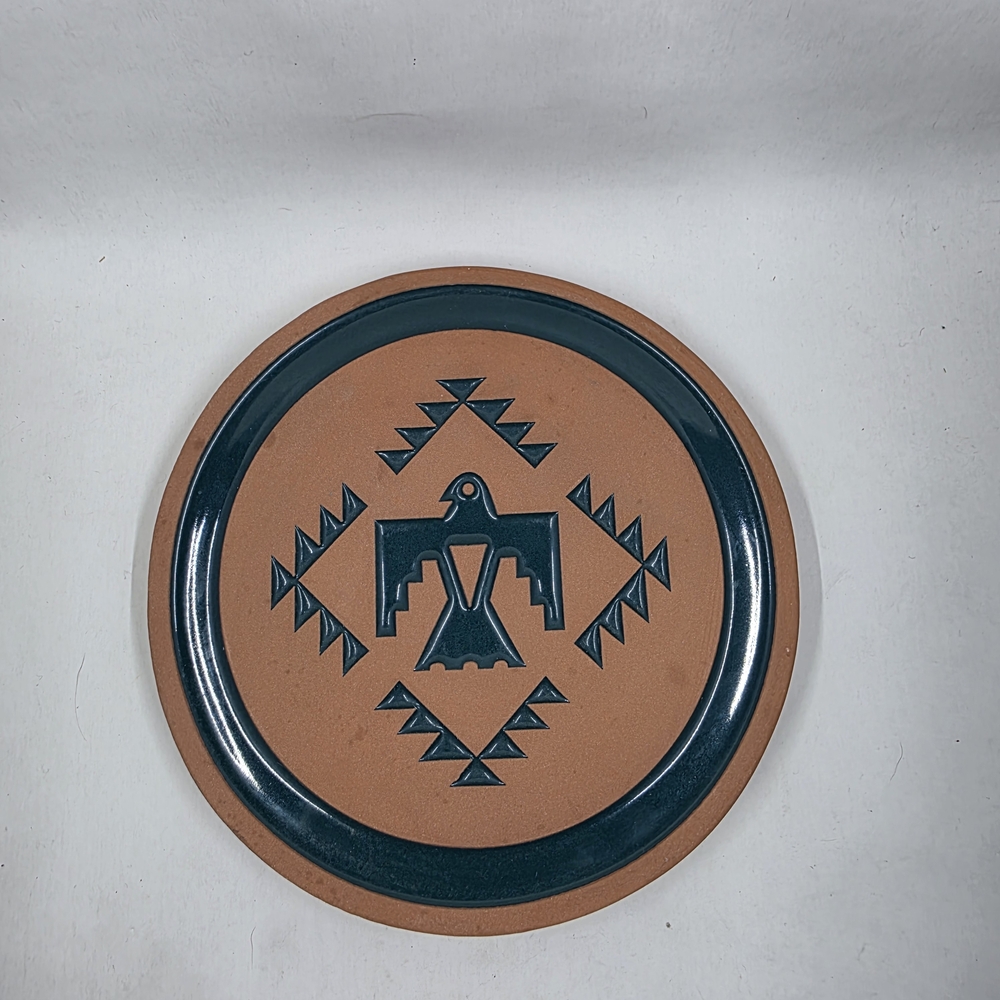 Frankoma Pottery Aztec Eagle Southwest Tile Trivet Teal Green  6 1/4” Terracotta
